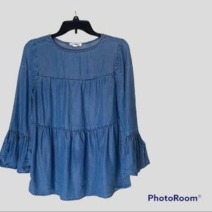 BeachLunchLounge tiered chambray ruffle blouse long belle sleeve size XS